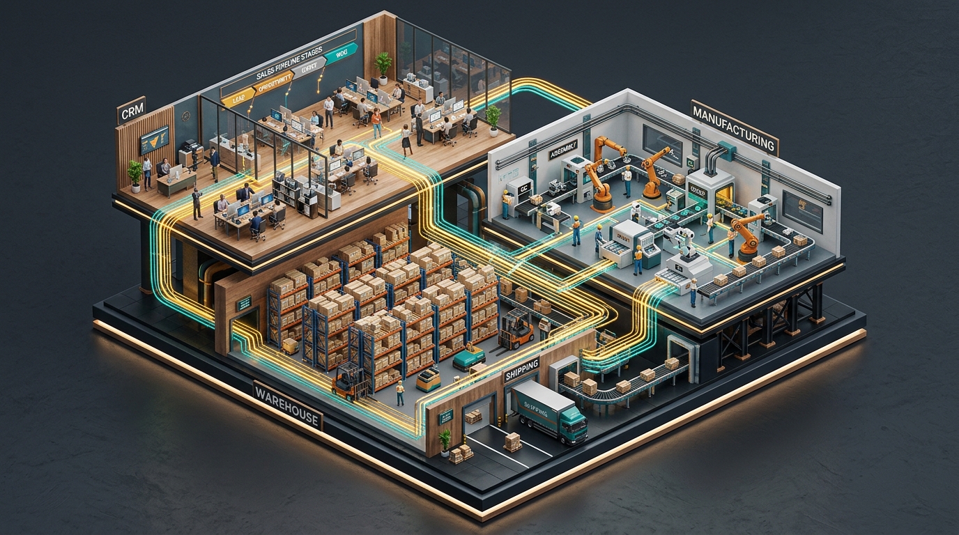 Visudoo Visual Odoo 3D ERP Connected Worlds illustrating CRM office, Warehouse, and Manufacturing